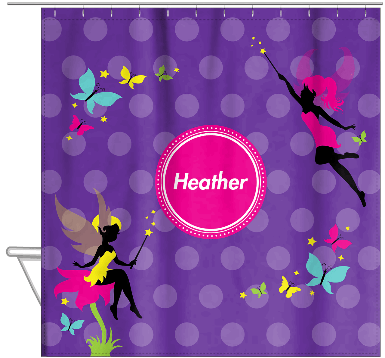 Personalized Fairy Shower Curtain IX - Purple Background with Polka Dots - Hanging View