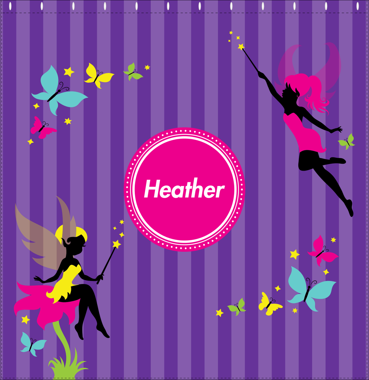 Personalized Fairy Shower Curtain IX - Purple Background with Vertical Stripes - Decorate View