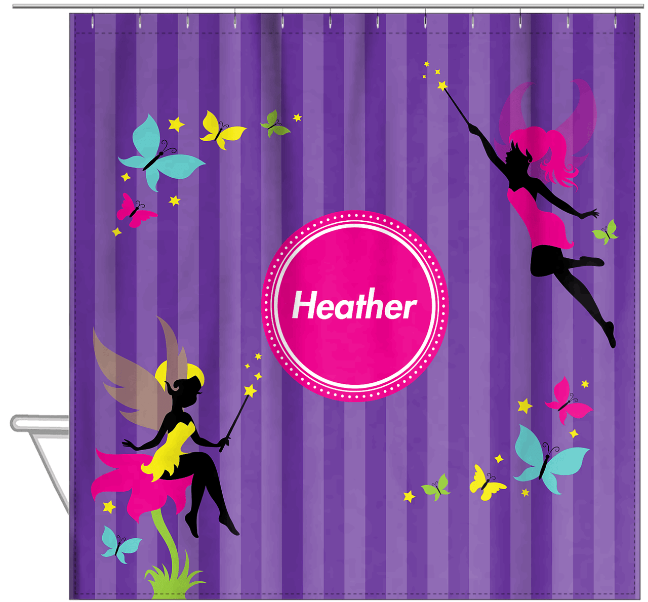 Personalized Fairy Shower Curtain IX - Purple Background with Vertical Stripes - Hanging View