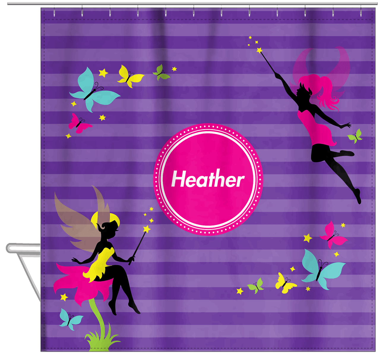 Personalized Fairy Shower Curtain IX - Purple Background with Horizontal Stripes - Hanging View