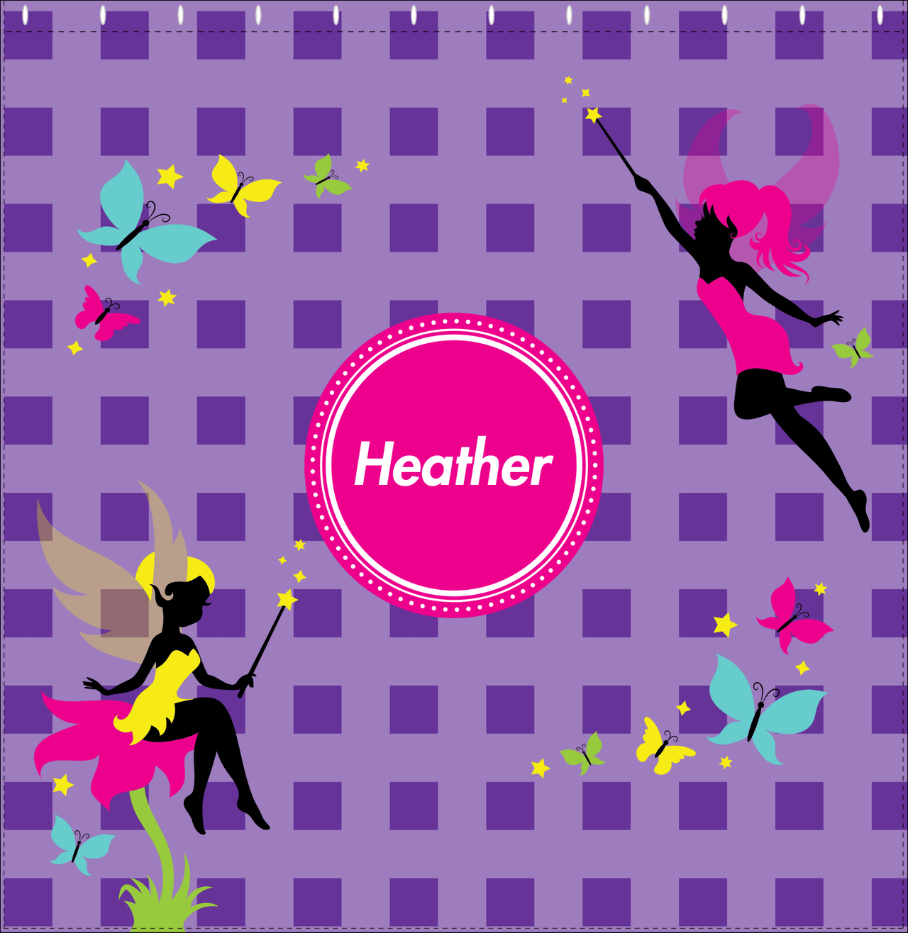 Personalized Fairy Shower Curtain IX - Purple Background with Squares - Decorate View
