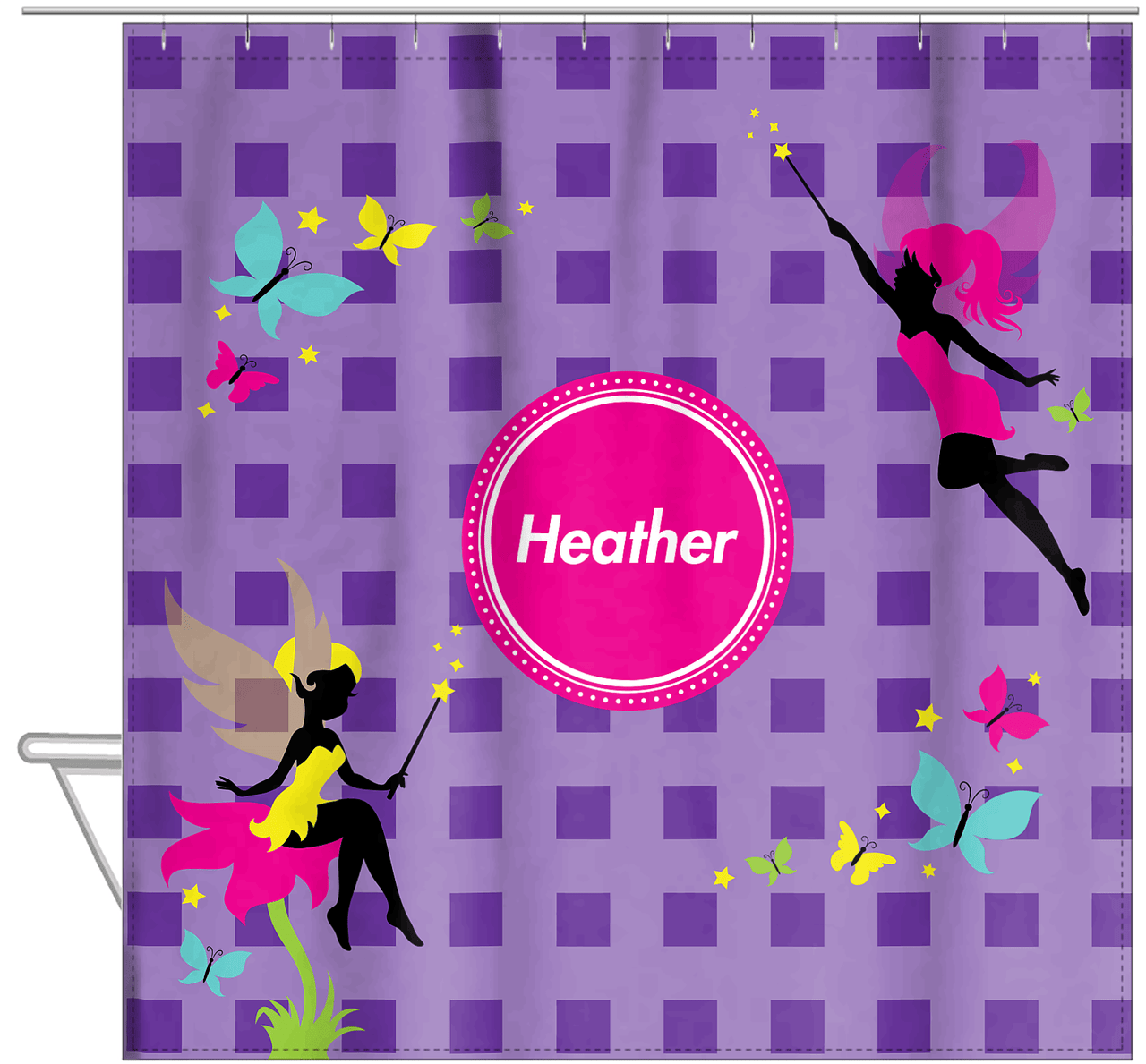 Personalized Fairy Shower Curtain IX - Purple Background with Squares - Hanging View
