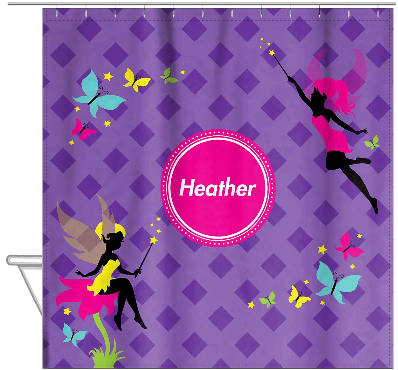 Personalized Fairy Shower Curtain IX - Purple Background with Diamonds - Hanging View