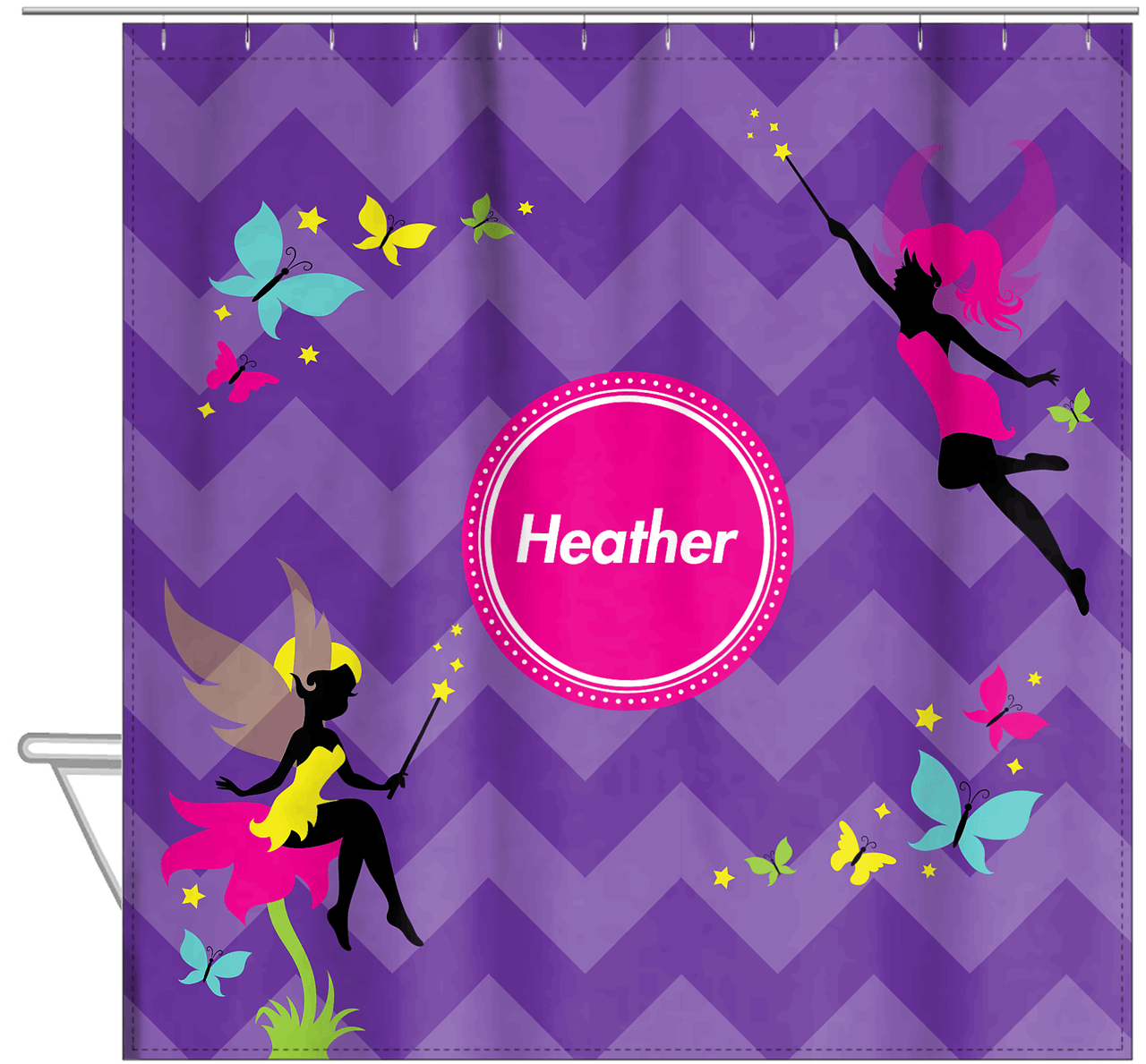 Personalized Fairy Shower Curtain IX - Purple Background with Chevron - Hanging View