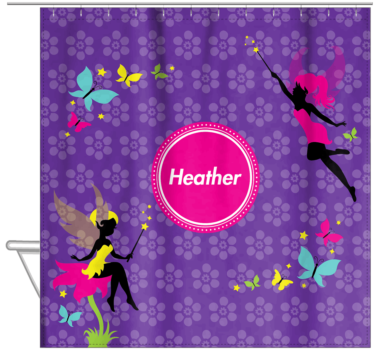 Personalized Fairy Shower Curtain IX - Purple Background with Flowers - Hanging View
