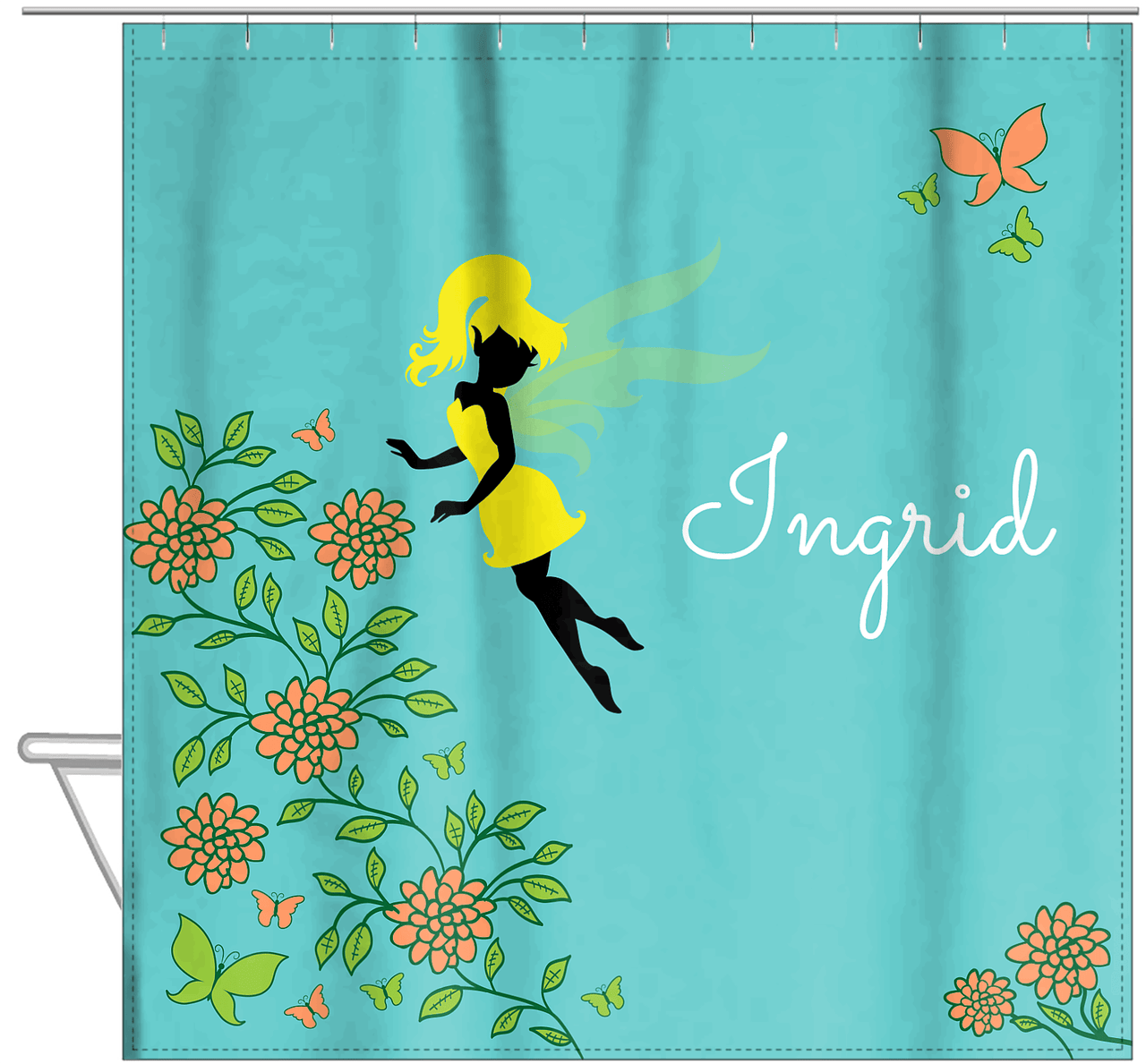 Personalized Fairy Shower Curtain X - Butterfly Fairy - Teal Background - Hanging View