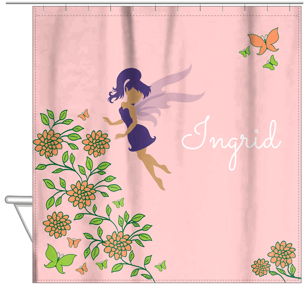 Personalized Fairy Shower Curtain X - Butterfly Fairy - Pink Background - Hanging View
