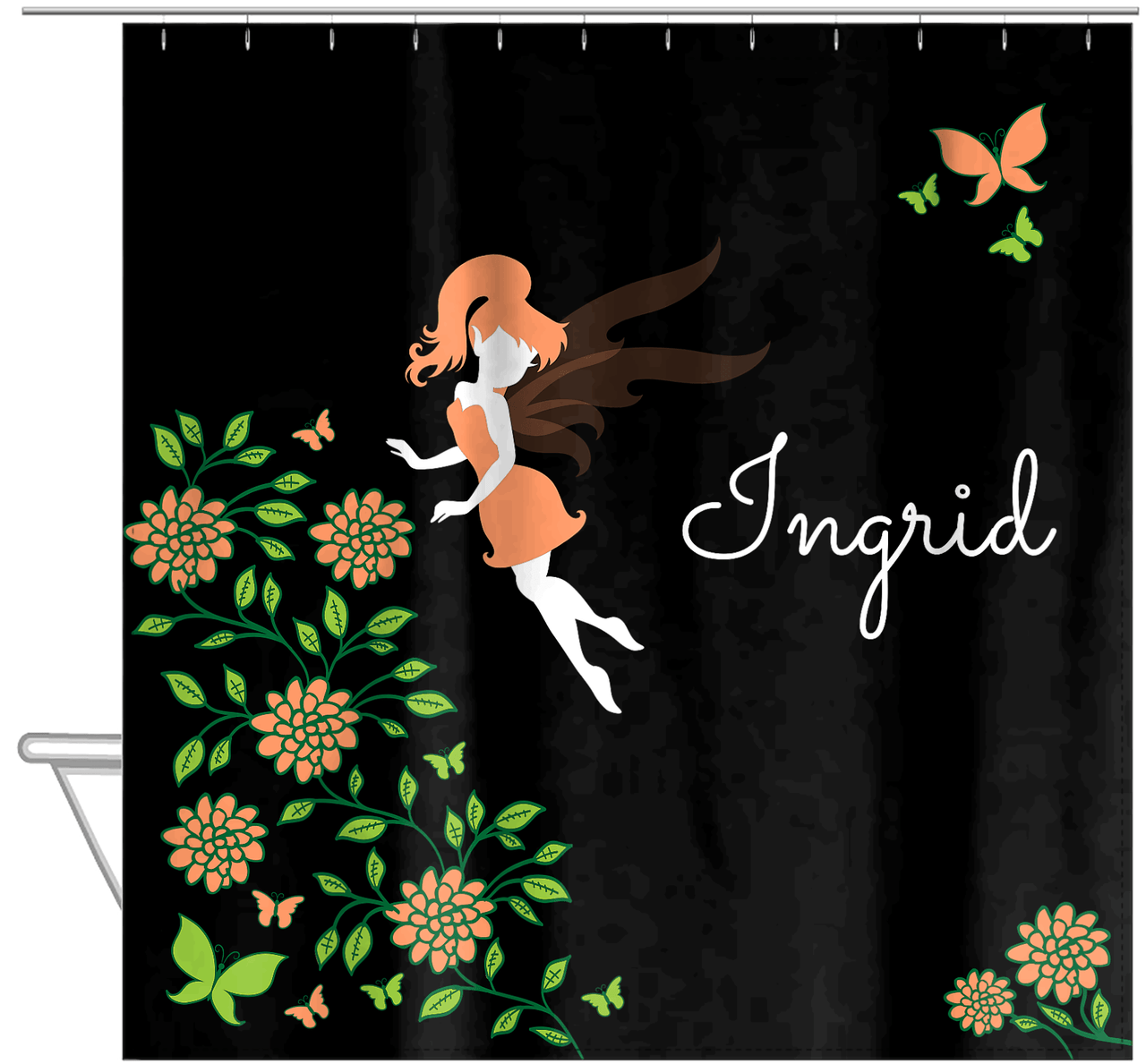Personalized Fairy Shower Curtain X - Butterfly Fairy - Black Background - Hanging View