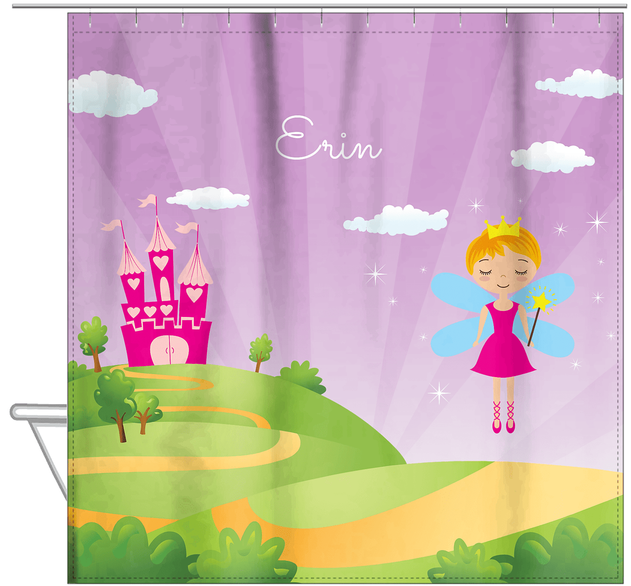 Personalized Fairy Shower Curtain V - Castle Heart - Blonde Fairy - Hanging View