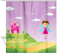 Thumbnail for Personalized Fairy Shower Curtain V - Castle Heart - Brunette Fairy - Hanging View