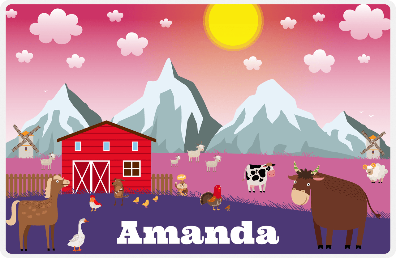 Personalized Farm Animals Placemat VI - Mountain Farm - Pink Background -  View