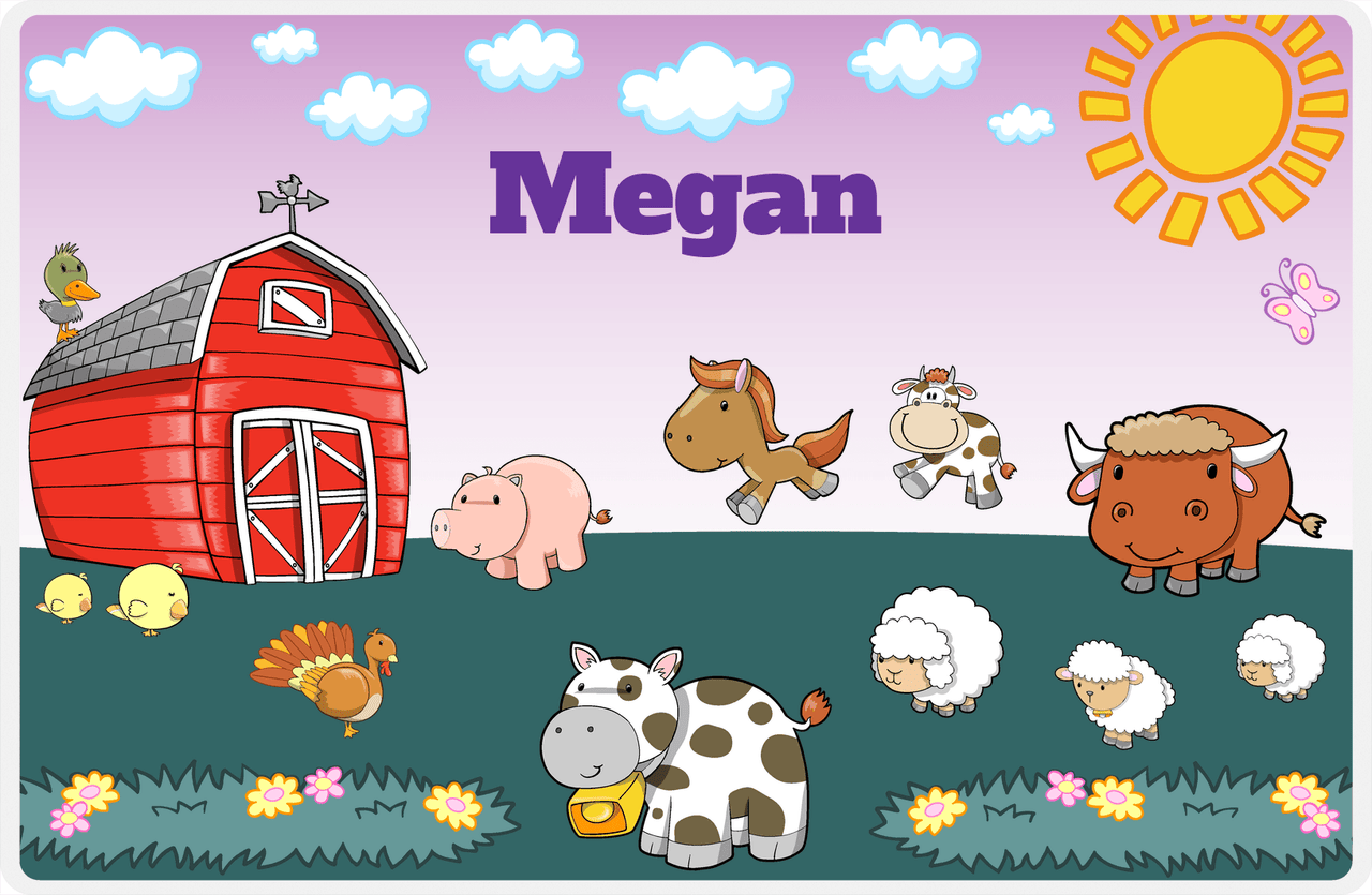 Personalized Farm Animals Placemat VII - Farm Fun - Purple Background -  View