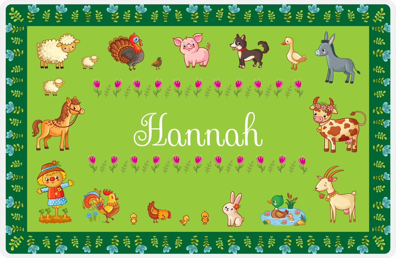 Personalized Farm Animals Placemat XIV - Flower Farm - Green Background -  View