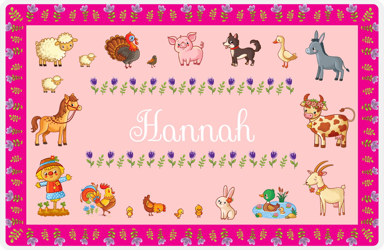 Personalized Farm Animals Placemat XIV - Flower Farm - Pink Background -  View