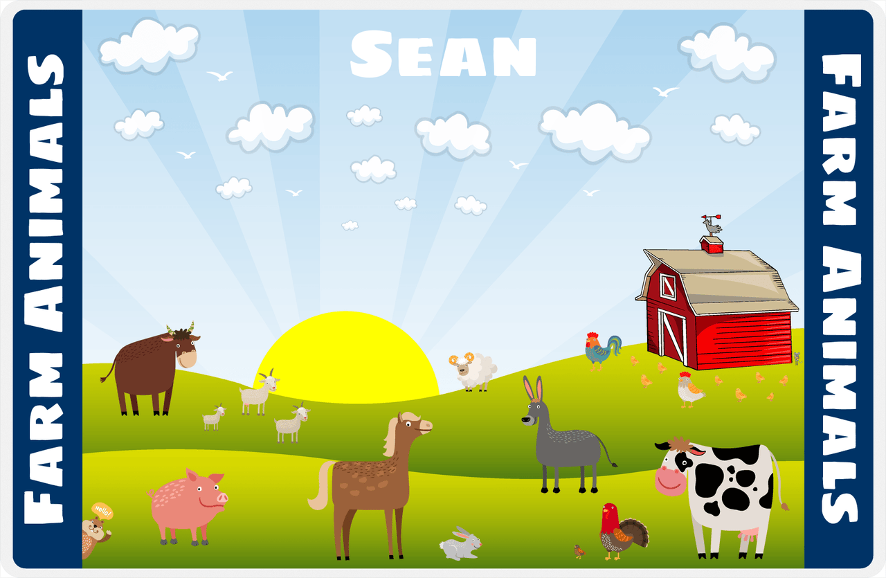 Personalized Farm Animals Placemat XV - Sunrise Farm - Blue Background -  View