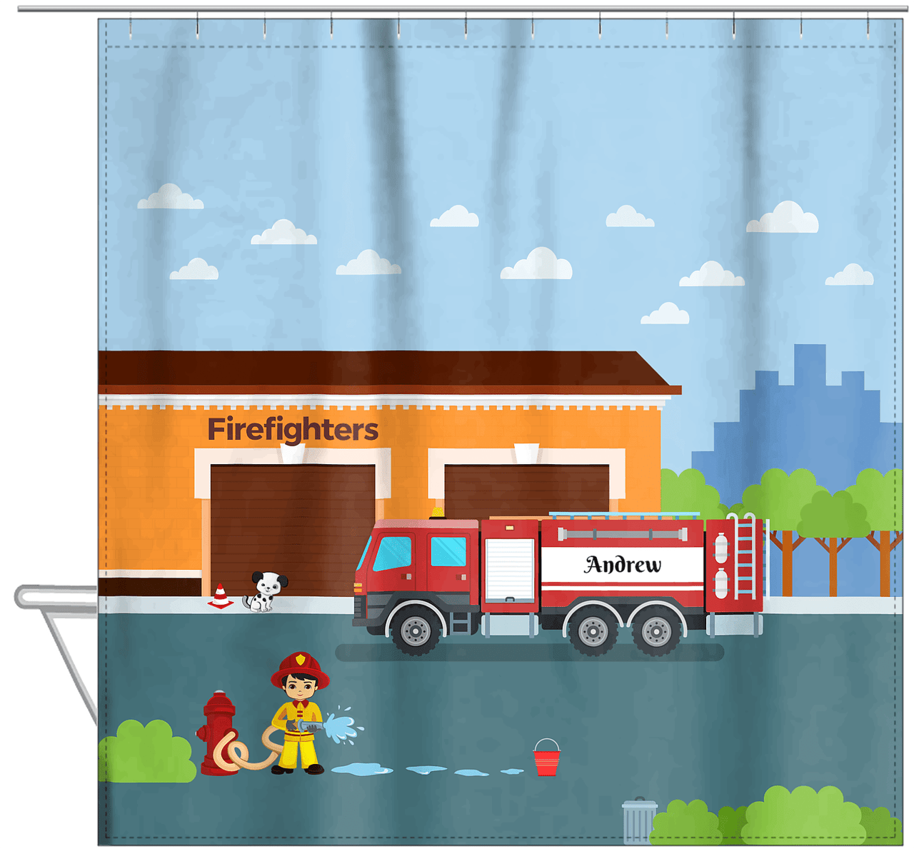 Personalized Fire Truck Shower Curtain I - Blue Background - Asian Boy - Hanging View