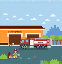 Thumbnail for Personalized Fire Truck Shower Curtain I - Blue Background - Brown Hair Boy - Decorate View