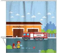 Thumbnail for Personalized Fire Truck Shower Curtain I - Blue Background - Redhead Boy - Hanging View