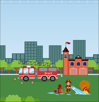 Thumbnail for Personalized Fire Truck Shower Curtain III - Blue Background - Brown Hair Boy - Decorate View