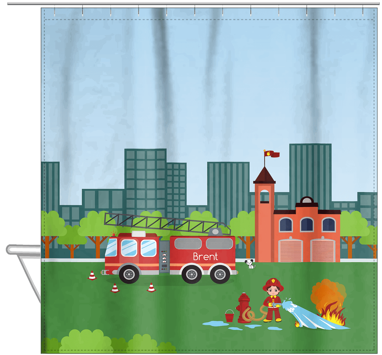 Personalized Fire Truck Shower Curtain III - Blue Background - Brown Hair Boy - Hanging View