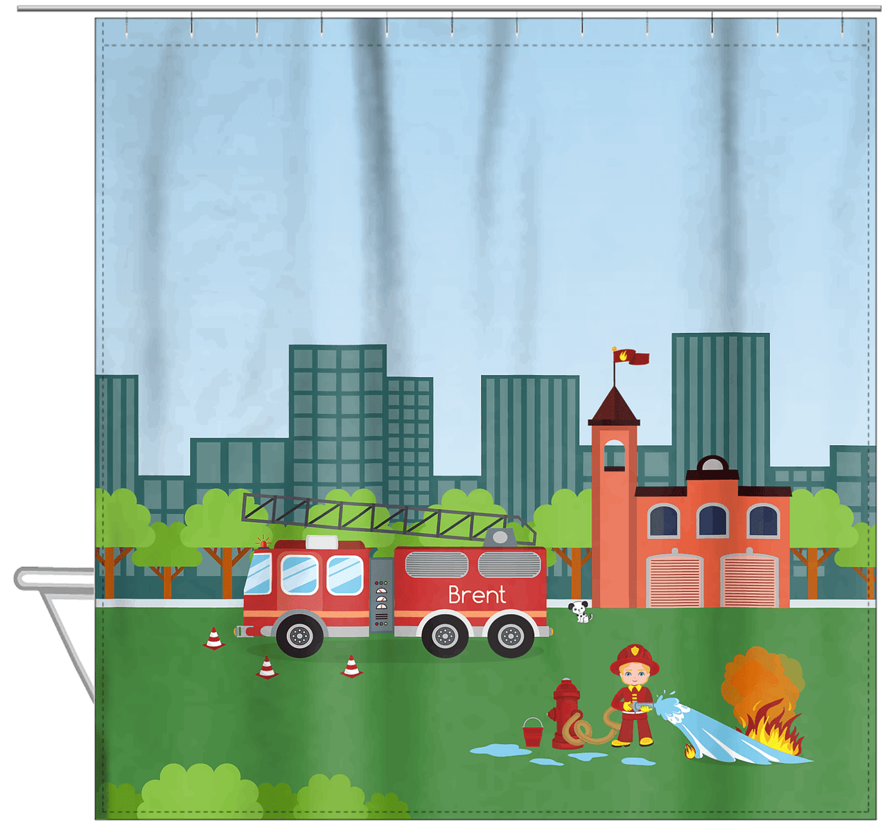 Personalized Fire Truck Shower Curtain III - Blue Background - Blond Boy - Hanging View