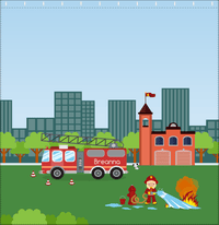 Thumbnail for Personalized Fire Truck Shower Curtain IV - Blue Background - Blonde Girl - Decorate View