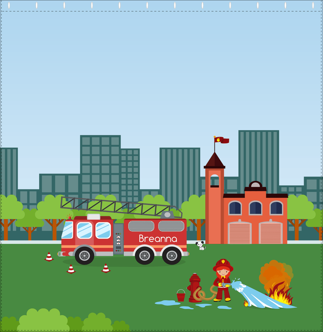 Personalized Fire Truck Shower Curtain IV - Blue Background - Redhead Girl - Decorate View