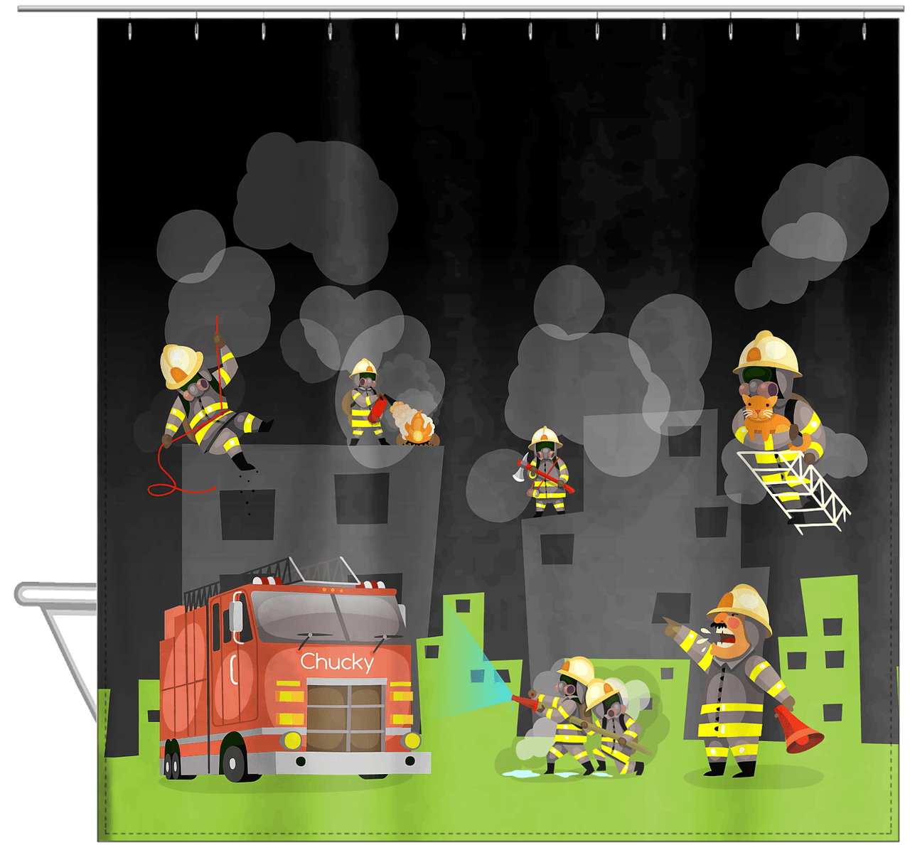 Personalized Fire Truck Shower Curtain V - Black Background - Hanging View