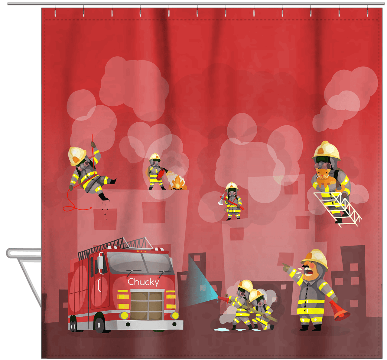 Personalized Fire Truck Shower Curtain V - Red Background - Hanging View