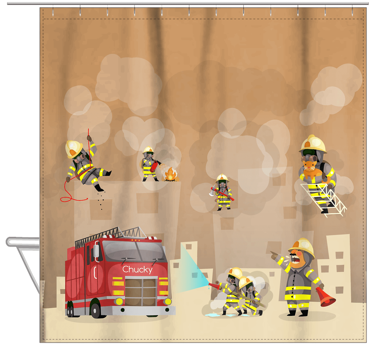Personalized Fire Truck Shower Curtain V - Light Brown Background - Hanging View