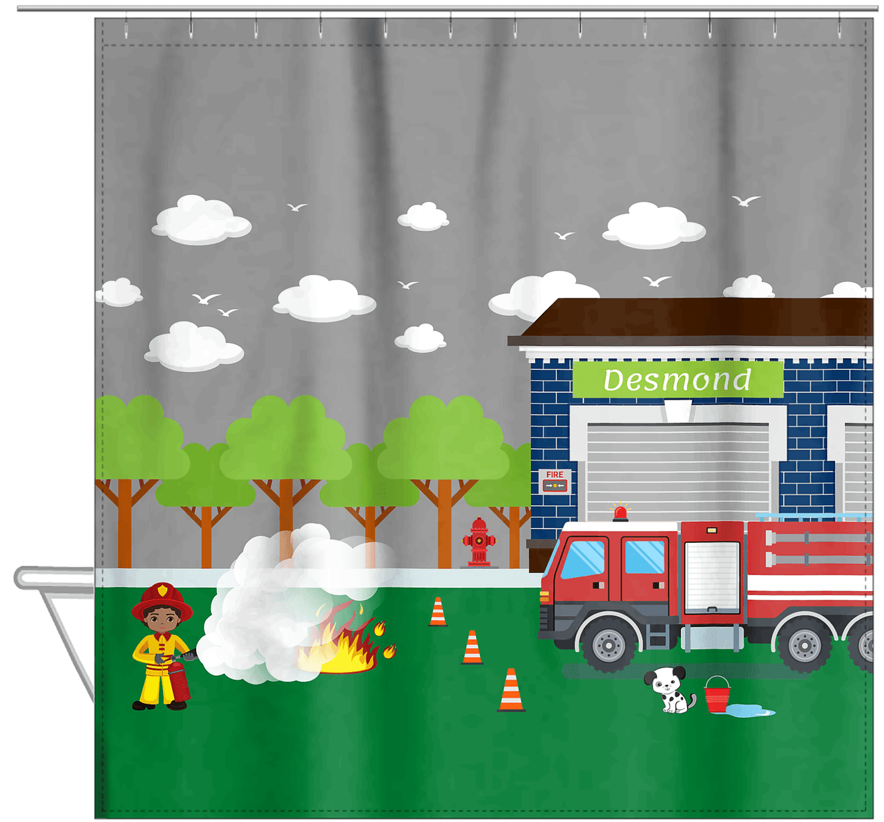 Personalized Fire Truck Shower Curtain VI - Grey Background - Black Boy - Hanging View