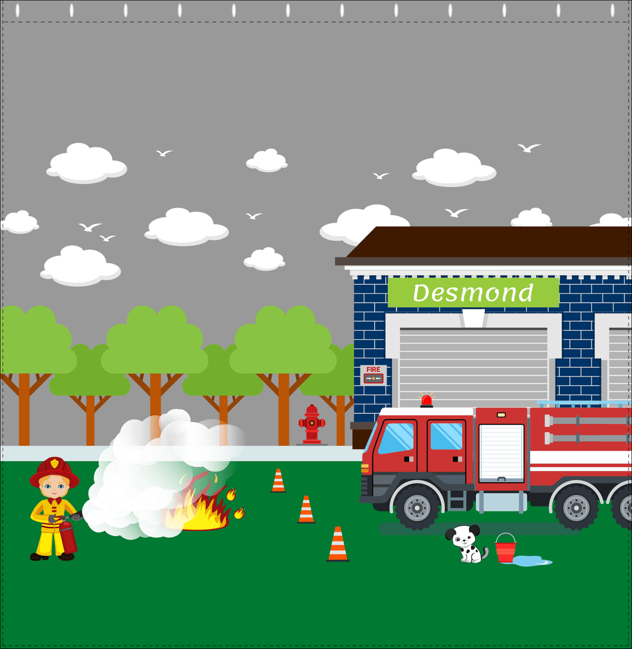 Personalized Fire Truck Shower Curtain VI - Grey Background - Blond Boy - Decorate View