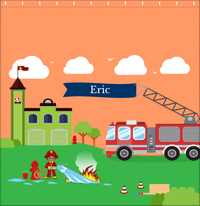 Thumbnail for Personalized Fire Truck Shower Curtain VIII - Orange Background - Black Boy - Decorate View