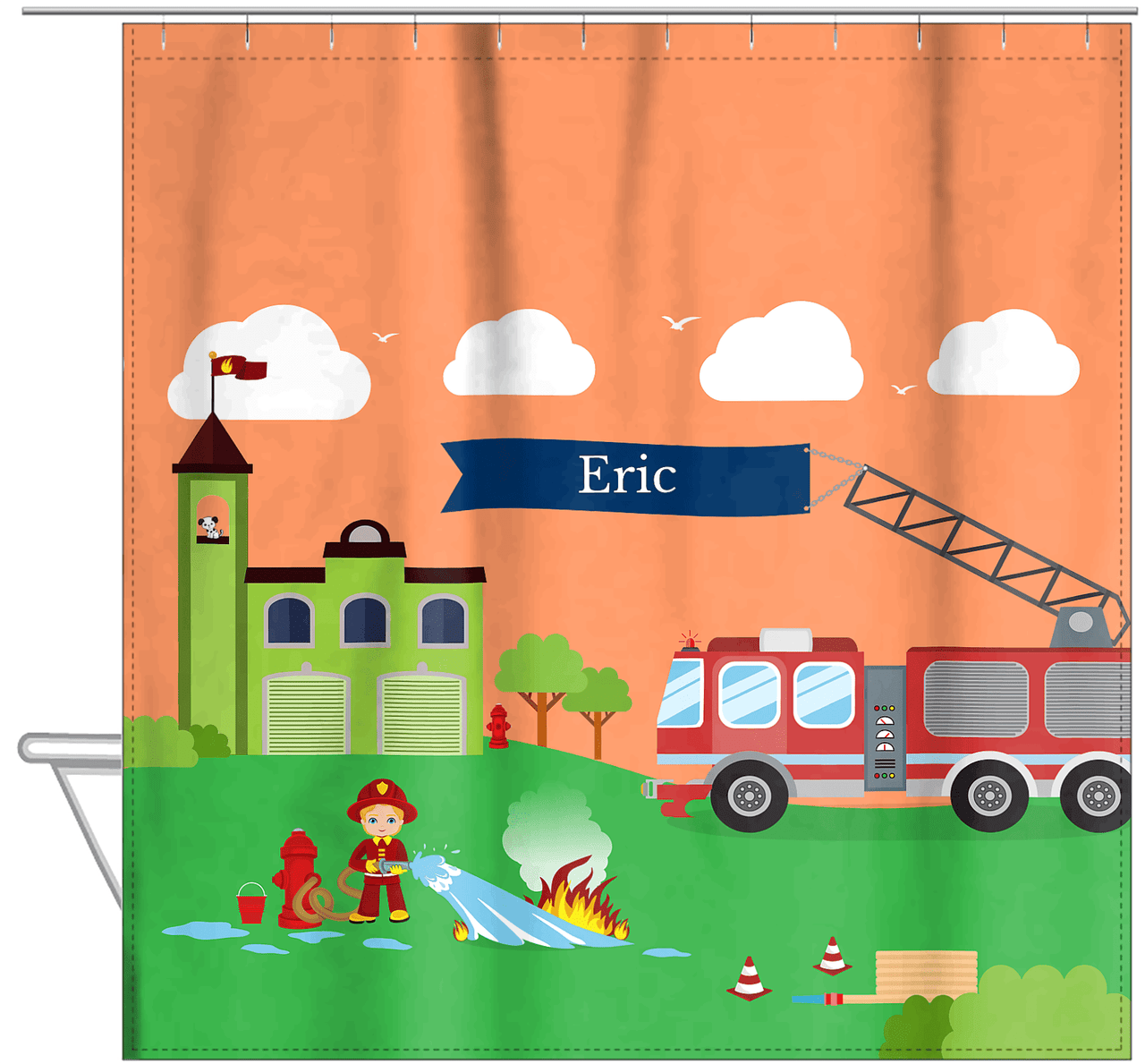 Personalized Fire Truck Shower Curtain VIII - Orange Background - Blond Boy - Hanging View