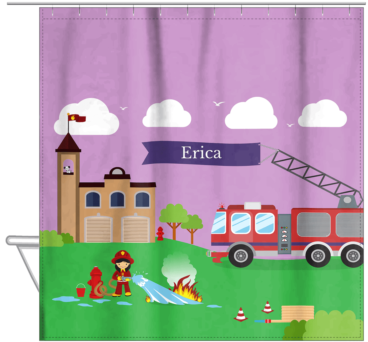 Personalized Fire Truck Shower Curtain IX - Purple Background - Asian Girl - Hanging View