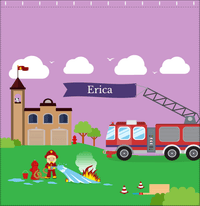 Thumbnail for Personalized Fire Truck Shower Curtain IX - Purple Background - Blonde Girl - Decorate View