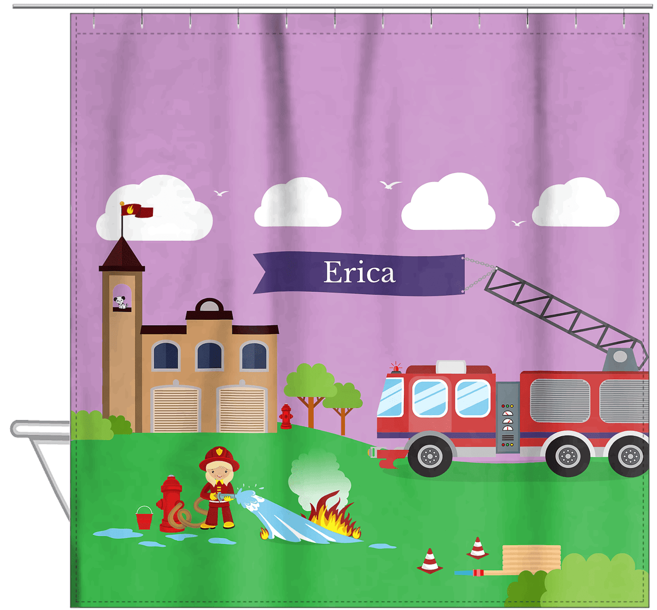 Personalized Fire Truck Shower Curtain IX - Purple Background - Blonde Girl - Hanging View