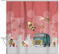 Thumbnail for Personalized Fire Truck Shower Curtain X - Red Background - Hanging View