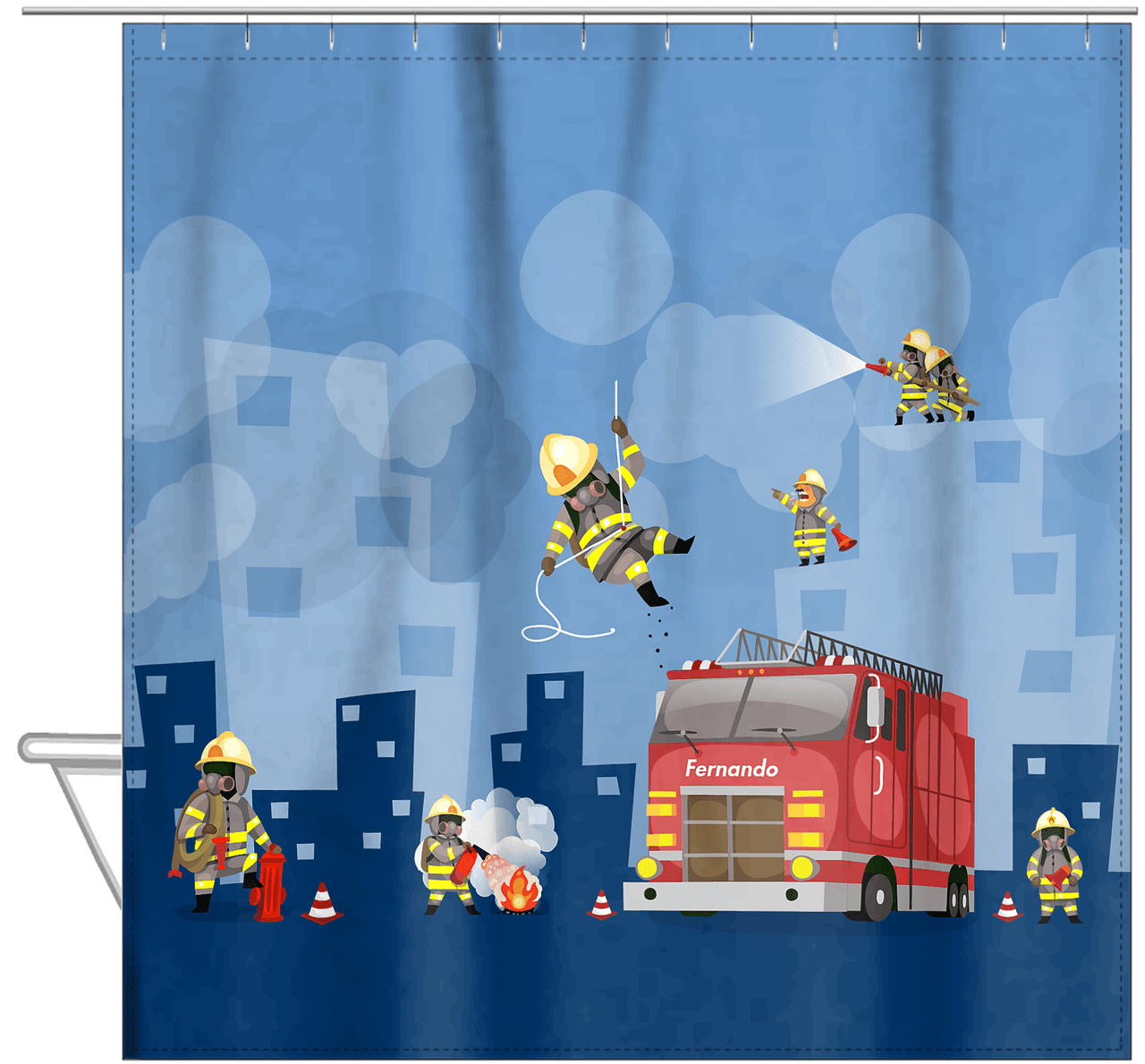 Personalized Fire Truck Shower Curtain X - Blue Background - Hanging View