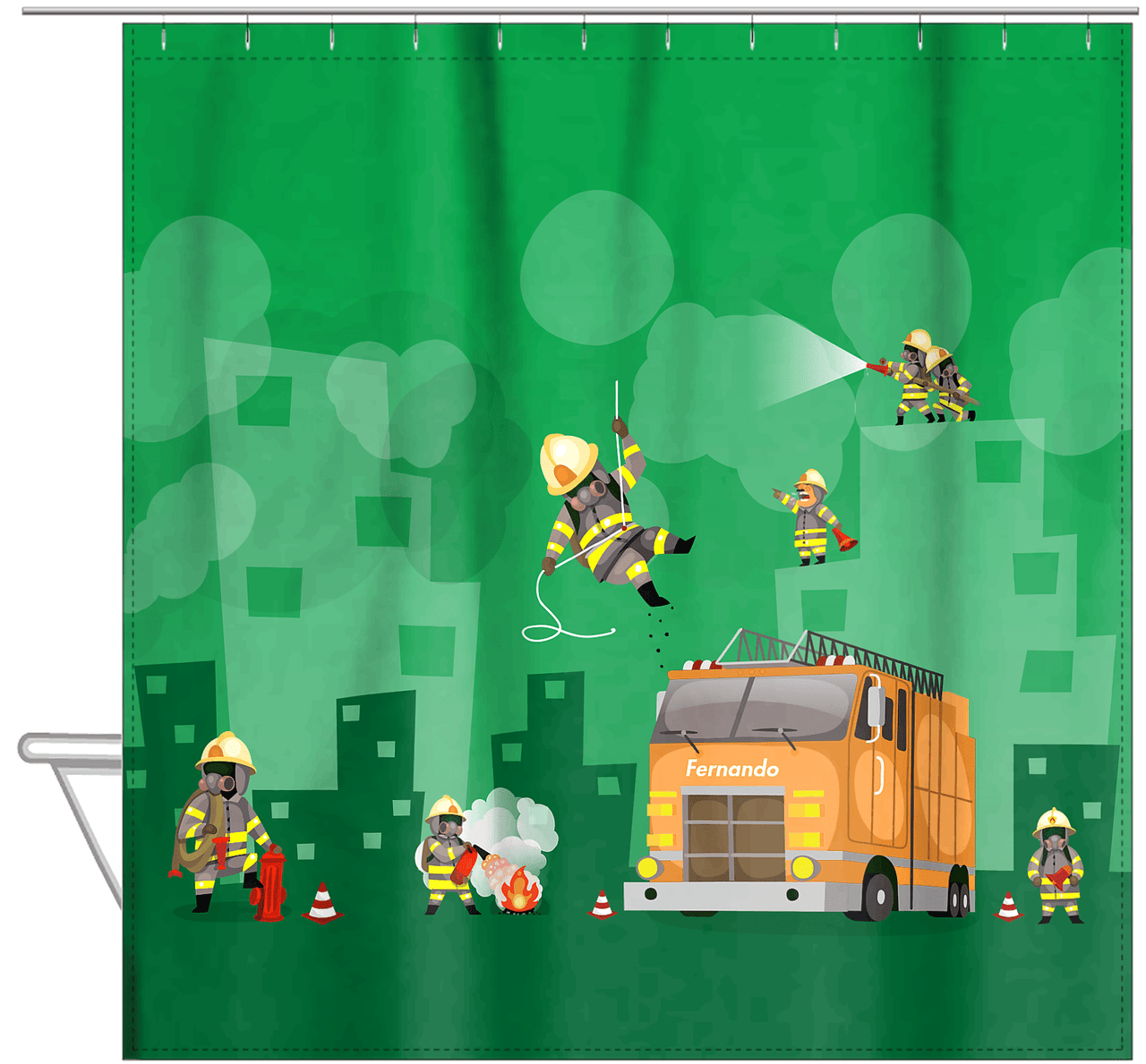 Personalized Fire Truck Shower Curtain X - Green Background - Hanging View