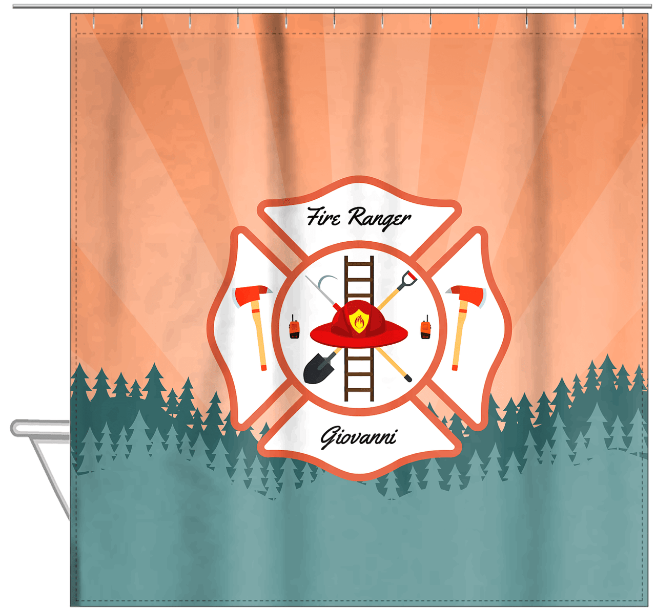 Personalized Fire Truck Shower Curtain XI - Orange Background - Hanging View