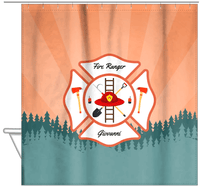 Thumbnail for Personalized Fire Truck Shower Curtain XI - Orange Background - Hanging View
