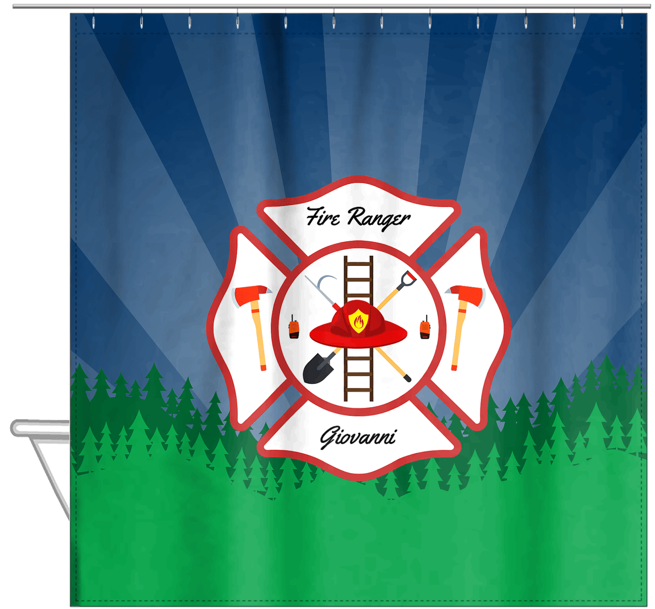 Personalized Fire Truck Shower Curtain XI - Blue Background - Hanging View