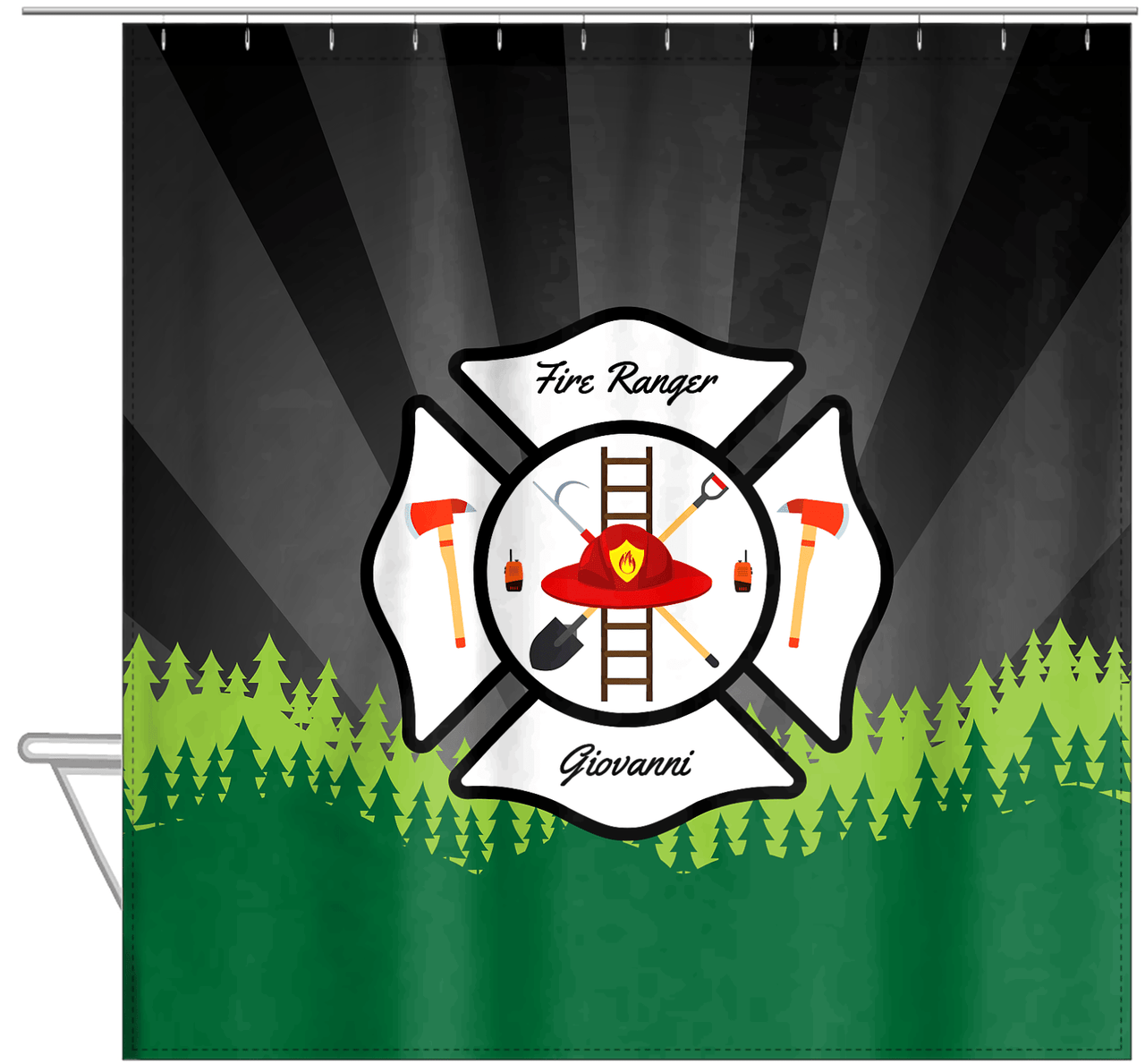 Personalized Fire Truck Shower Curtain XI - Black Background - Hanging View