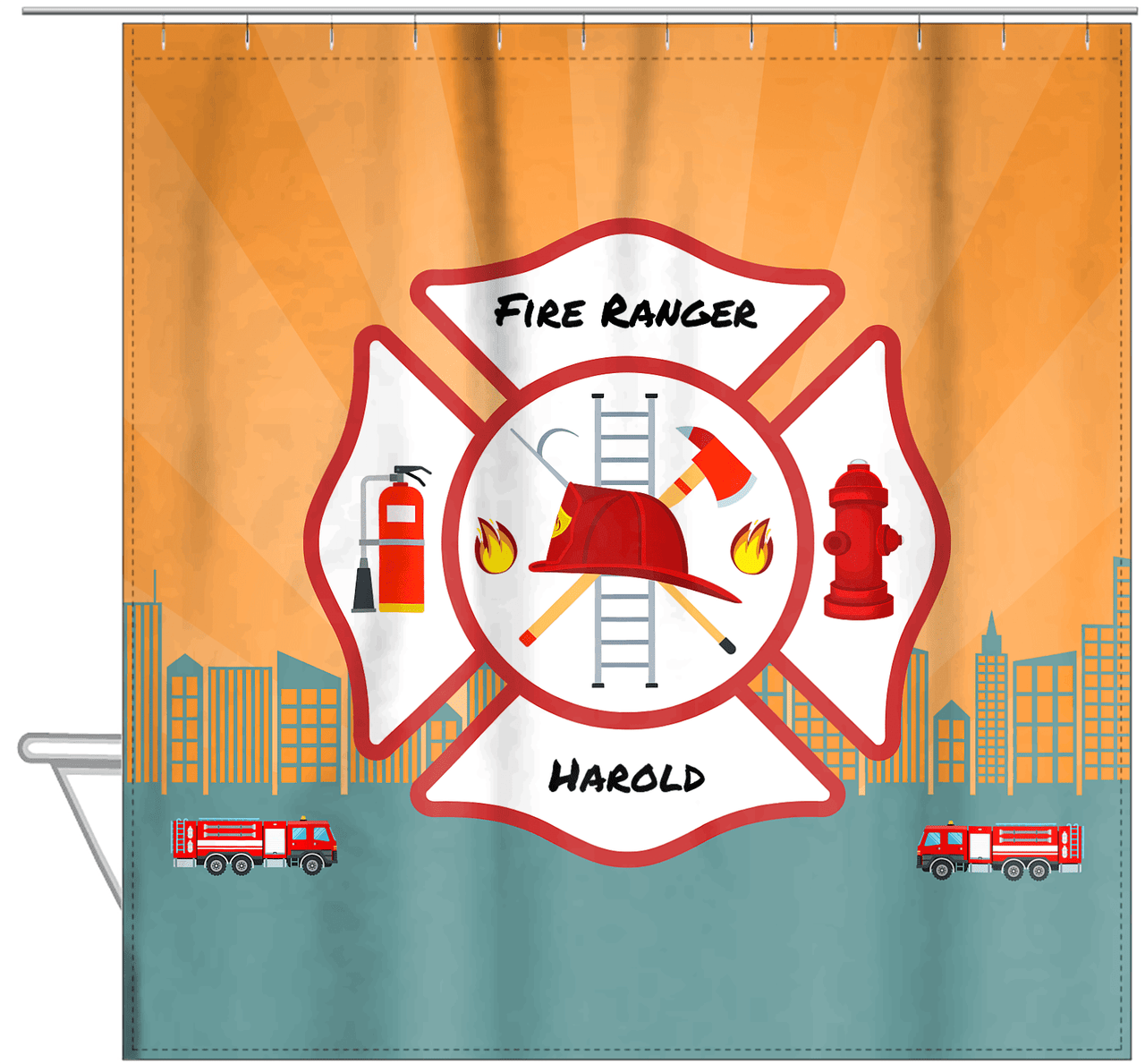 Personalized Fire Truck Shower Curtain XII - Orange Background - Hanging View