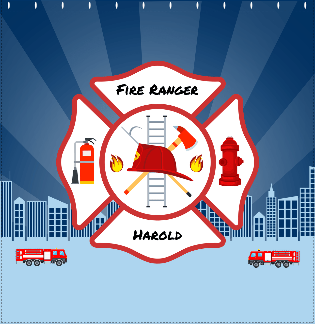 Personalized Fire Truck Shower Curtain XII - Blue Background - Decorate View