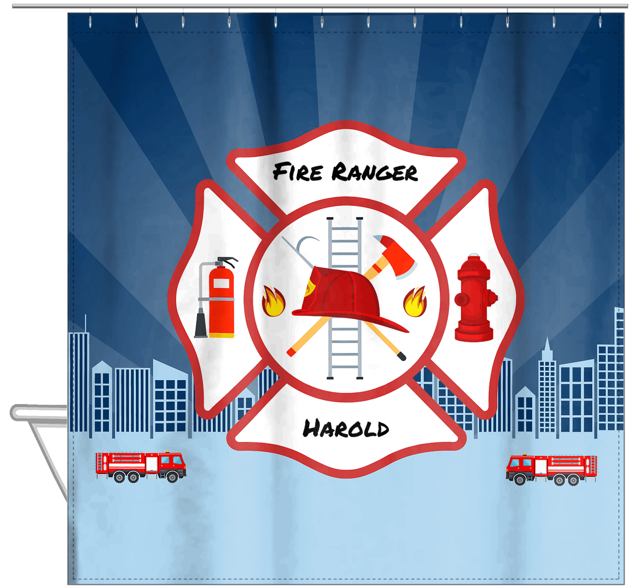 Personalized Fire Truck Shower Curtain XII - Blue Background - Hanging View