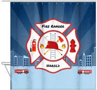 Thumbnail for Personalized Fire Truck Shower Curtain XII - Blue Background - Hanging View