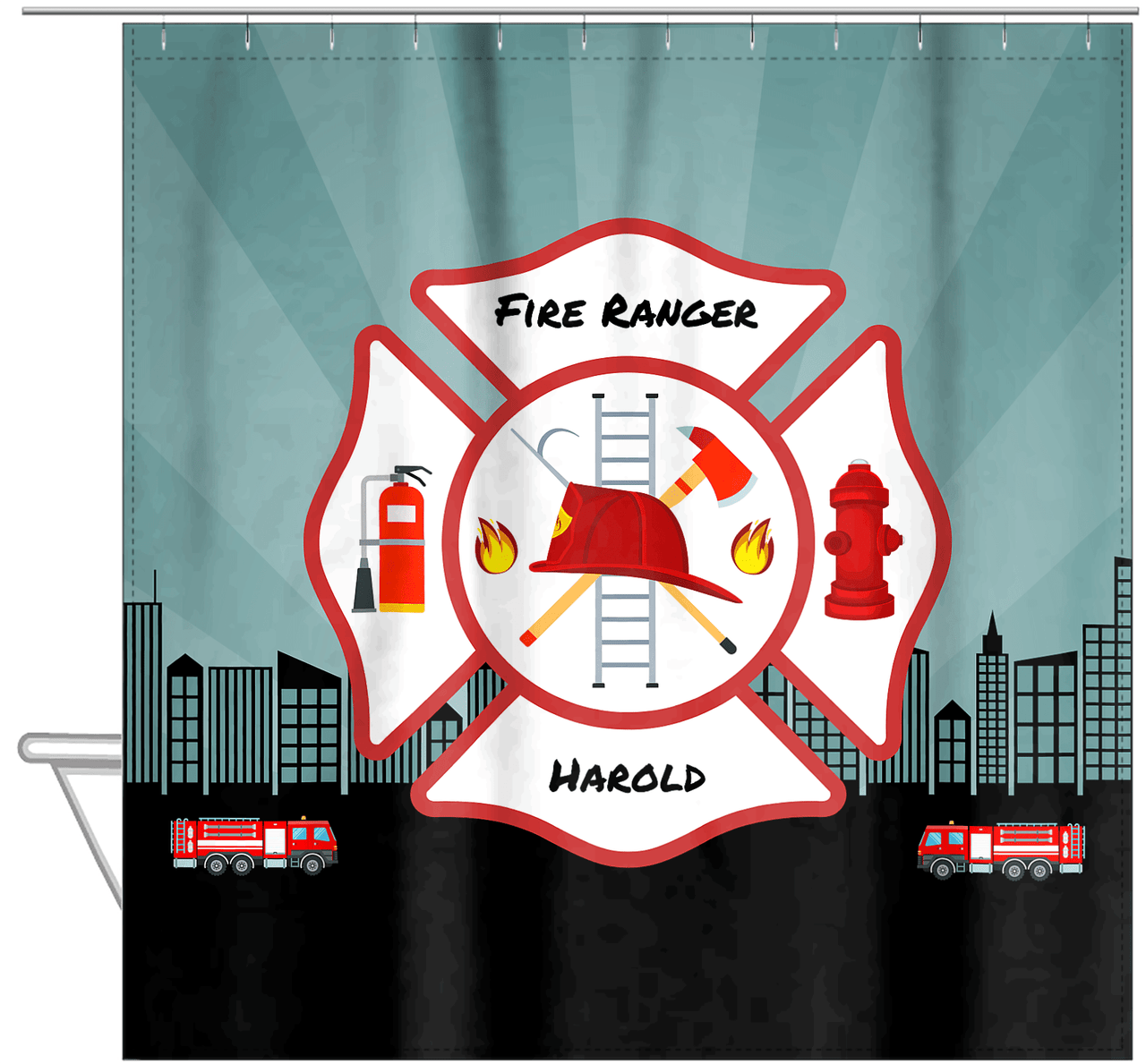 Personalized Fire Truck Shower Curtain XII - Teal Background - Hanging View