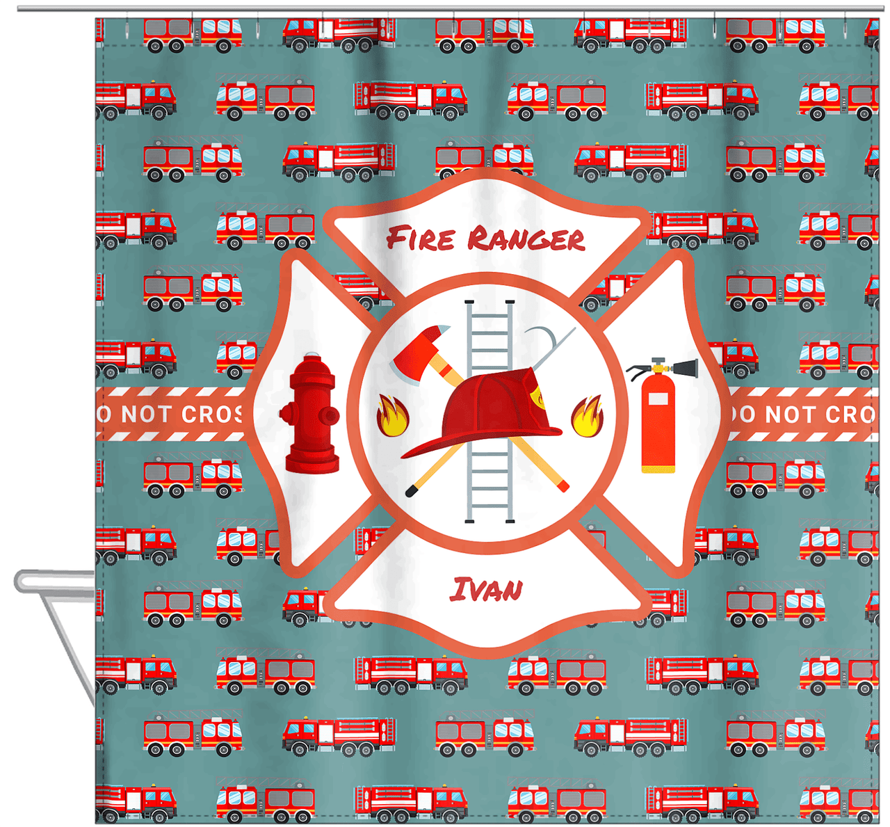 Personalized Fire Truck Shower Curtain XIII - Teal Background - Hanging View